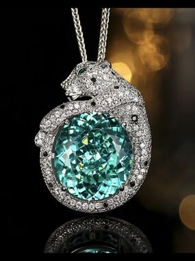 Silver Toned Panther Pendant Necklace with Green Tourmaline Crystal